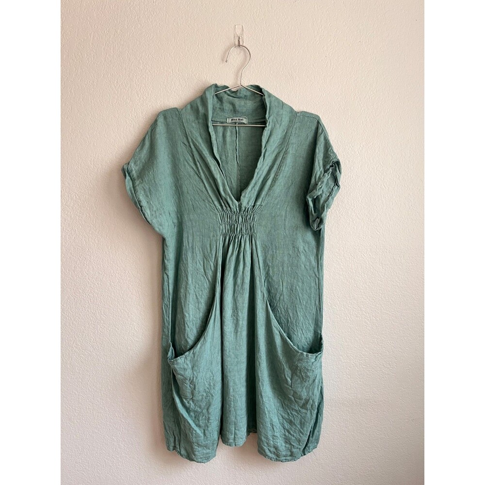MEO MELI Linen Mini Dress with Pockets in Sea Green ONE SIZE